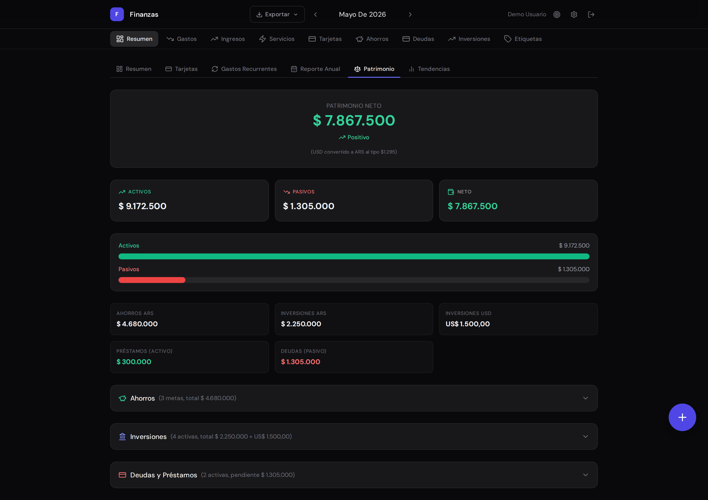 Dashboard — tracker de patrimonio neto