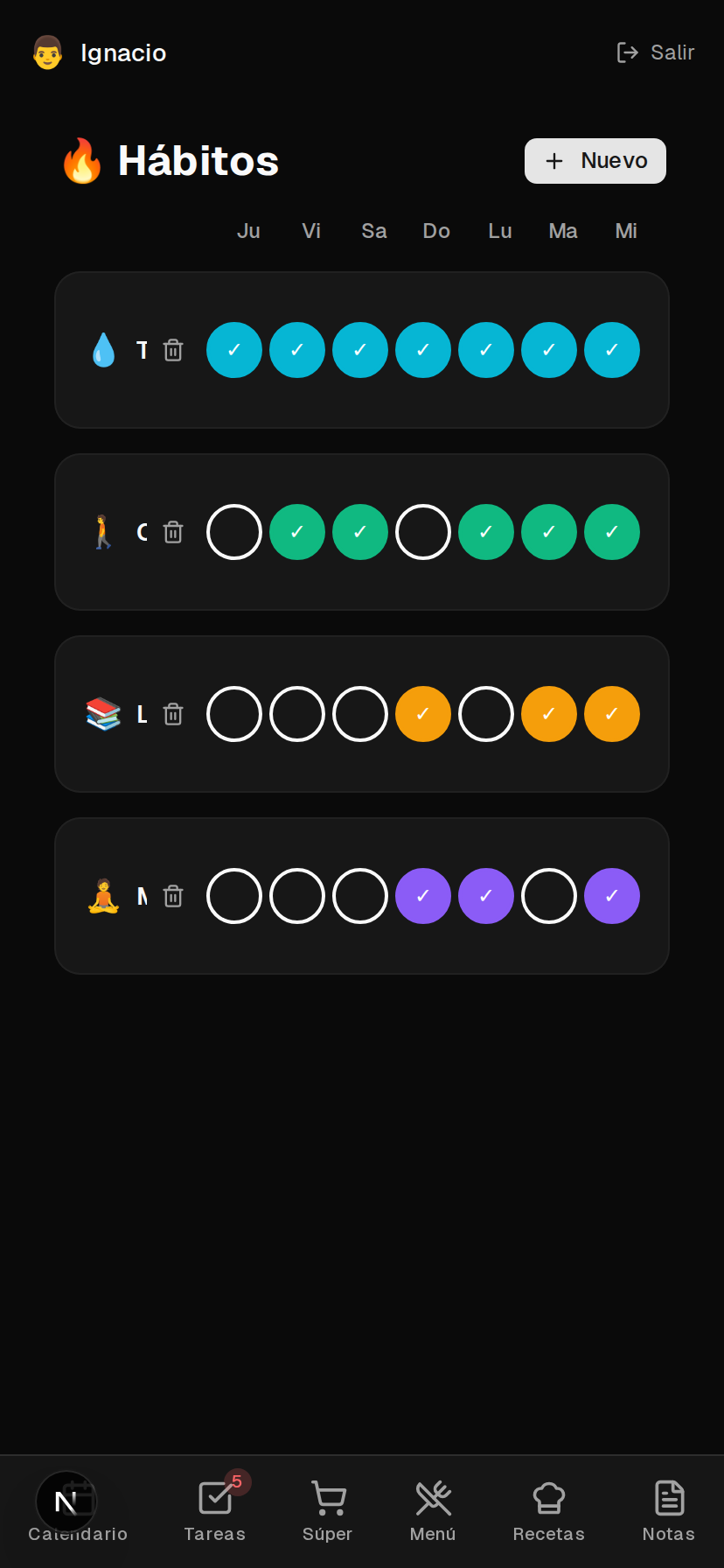 Tracker de hábitos semanal con colores por hábito