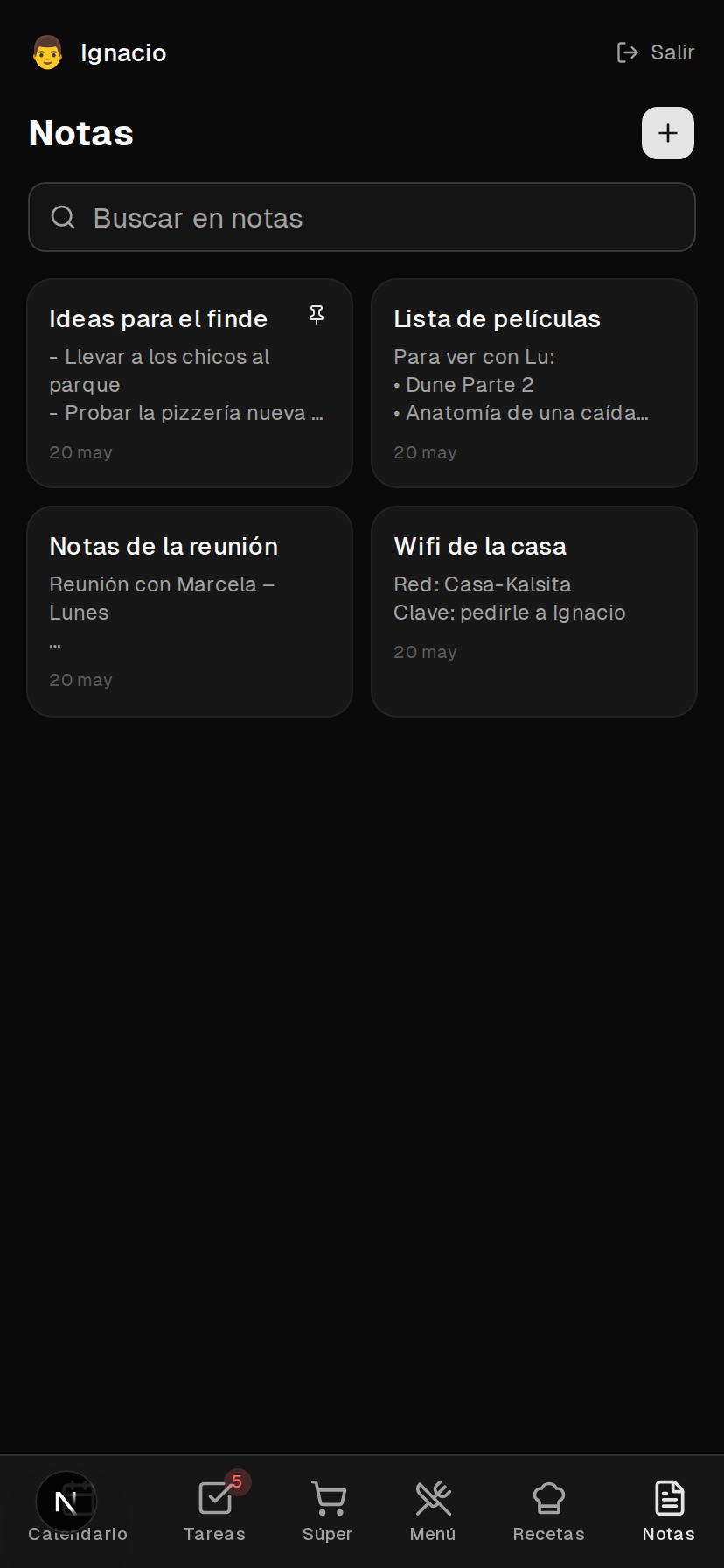 Notas con búsqueda, fijado y vista en cuadrícula