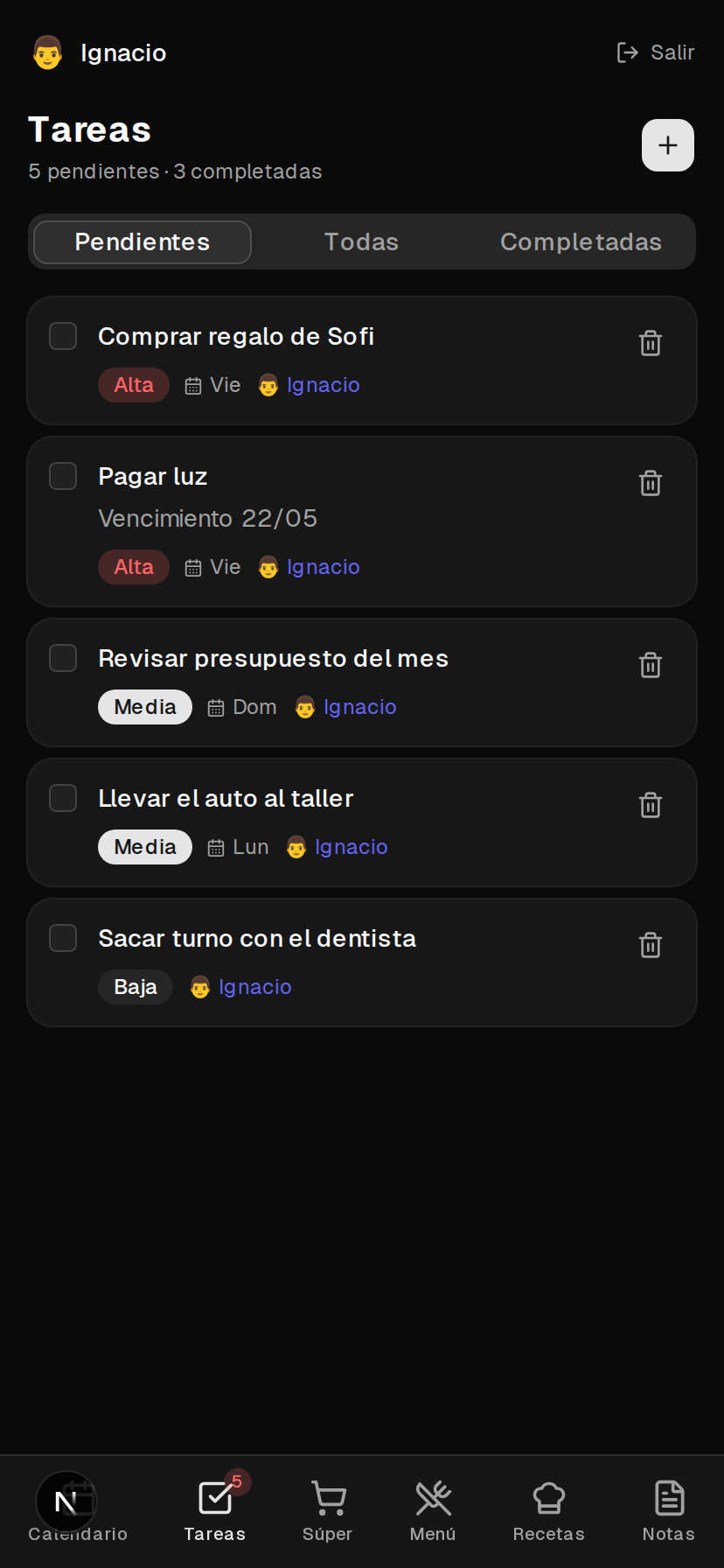 Lista de tareas con prioridad, vencimientos y responsable